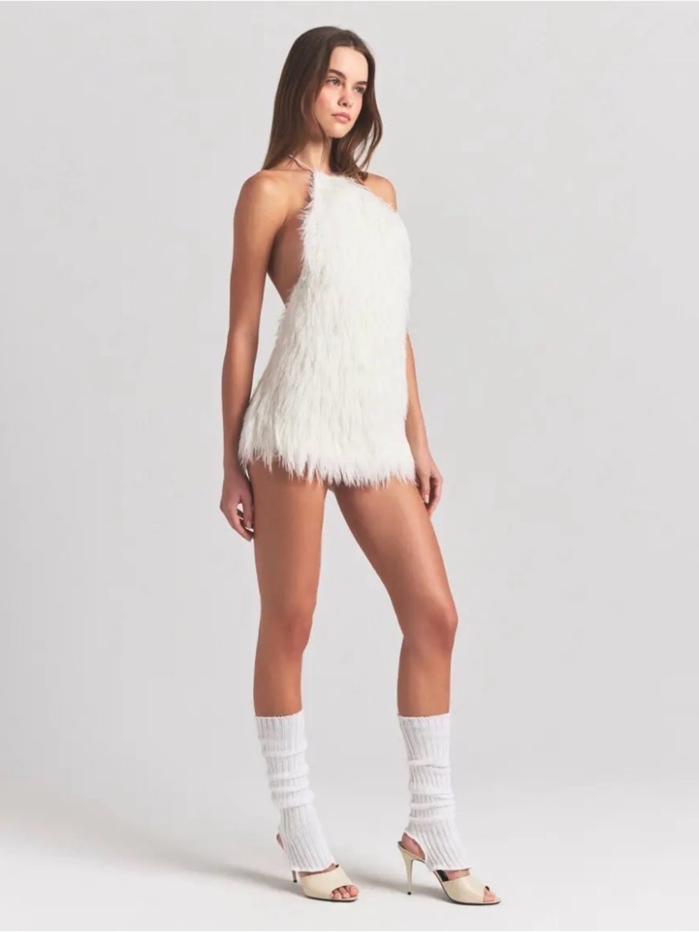 SKIMS FAUX FUR KNIT HALTER MINI DRESS IN MARBLE XS - Picture 1 of 8